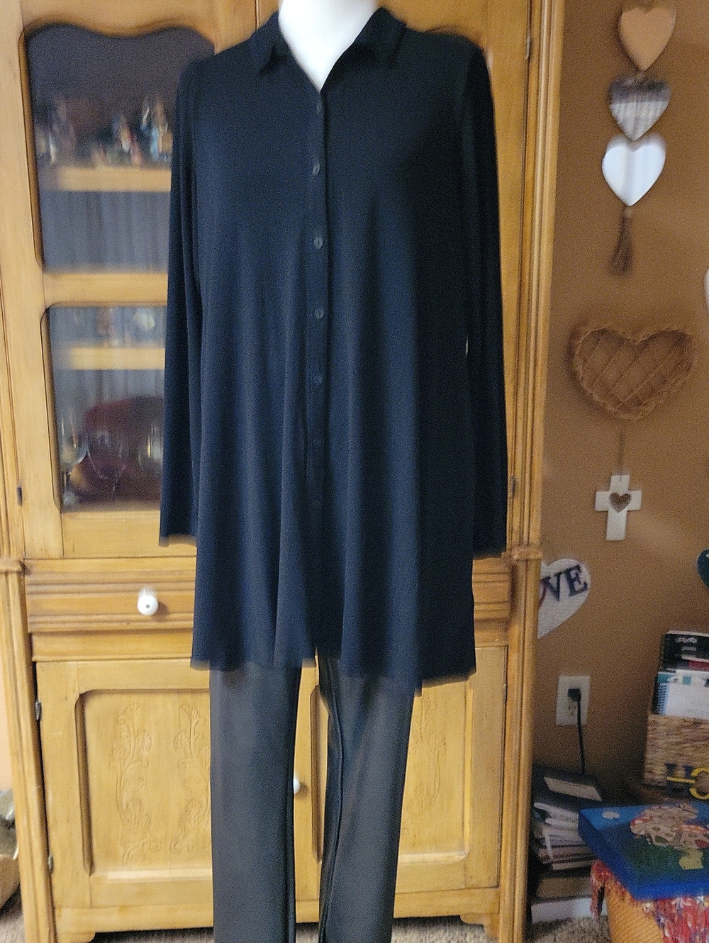 Eileen Fisher Petite Black Long Button-Front Jersey Tunic PL